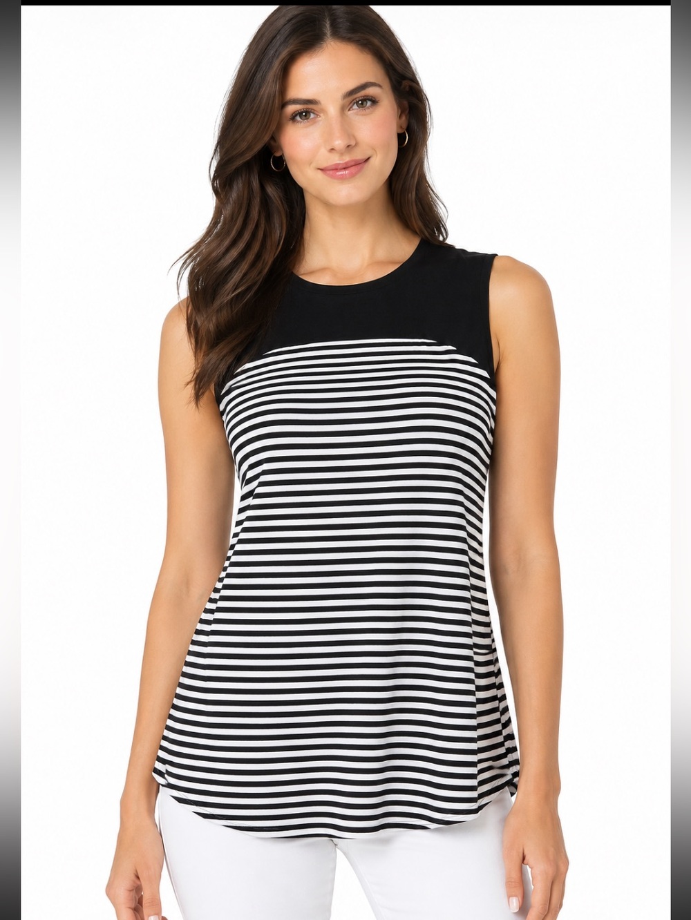 BANANA REPUBLIC Black & White Leather Yoke Striped Back Zip Sleeveless Top 10